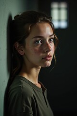 A portrait of a teenage girl in prison with long, wavy hair and a troubled expression, sitting on a bench. The background features a small courtyard with high walls and barbed wire