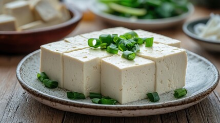 Freshly Sliced Tofu on Rustic Plate with Green Onions Surrounded by Ingredients for Healthy Cooking