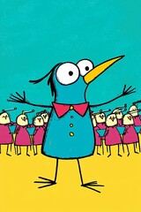 Playful Starling Conductor Leading an Orchestra in a Vibrant and Colorful Cartoon Style Artwork
