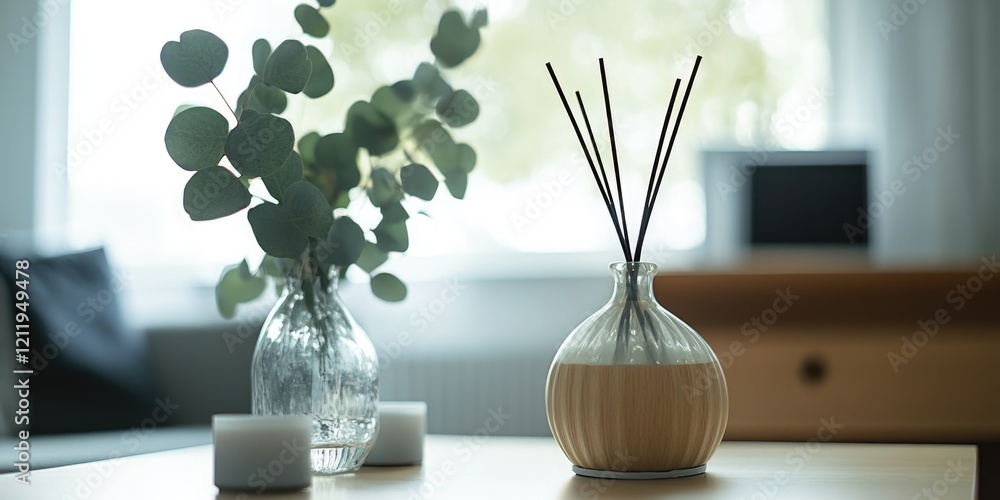Poster a decorative table with a vase and candle on it, perfect for home decor or event use