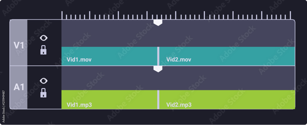 Poster video editing software displaying timeline, multiple tracks for video and audio, and editing control