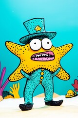 Obraz premium Quirky Cartoon Starfish Character in a Museum Setting with a Curator Wearing a Uniform