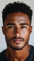 Obraz premium A confident mixed race individual stands against a muted backdrop, showcasing expressive features and a powerful gaze that radiates self-assurance and determination