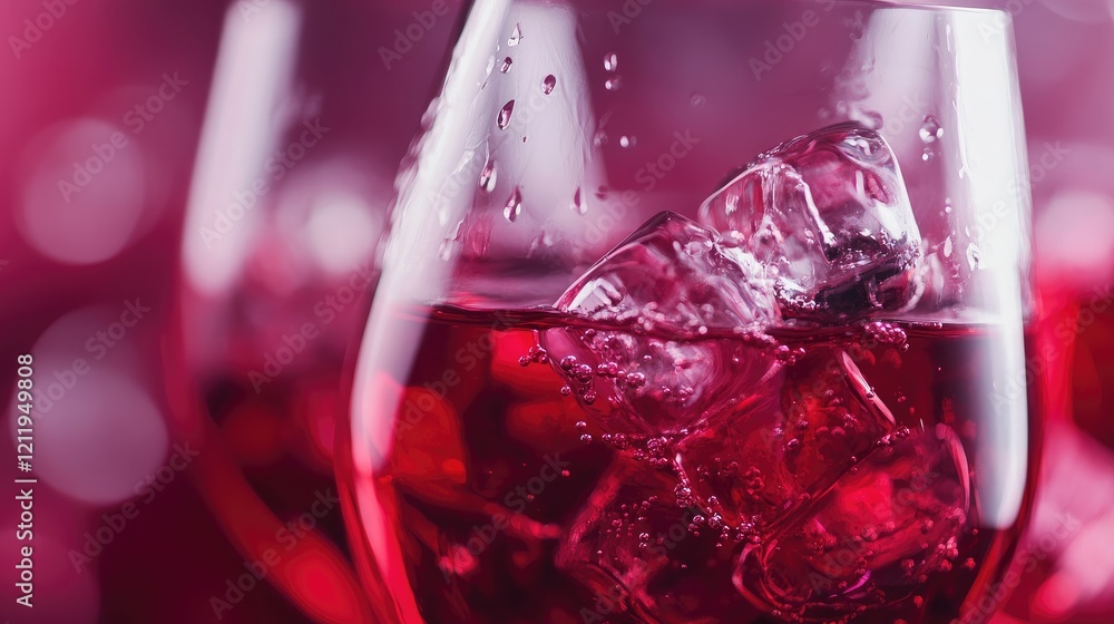 Poster elegant wine glasses with refreshing red beverage and ice cubes on a soft pink bokeh background