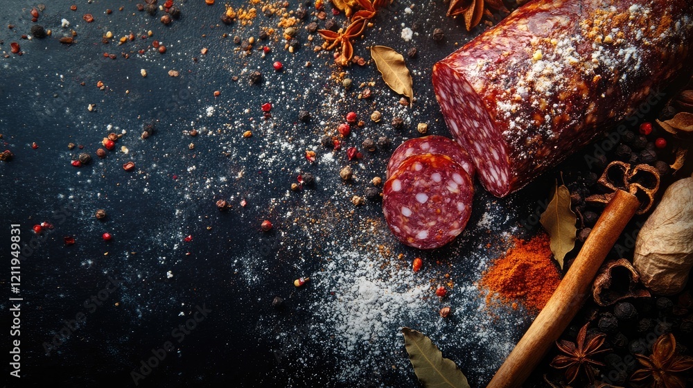 Poster tasty salami sausage with an array of spices and herbs arranged on a dark textured surface for a ric