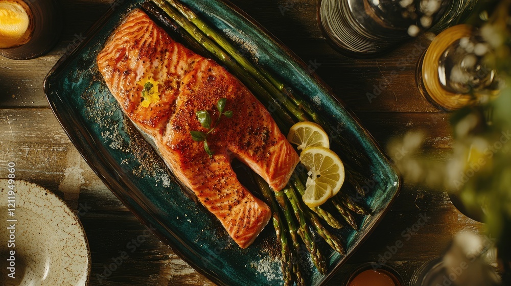 Poster grilled salmon fillet with asparagus and lemon slices elegantly presented on a rustic wooden table s