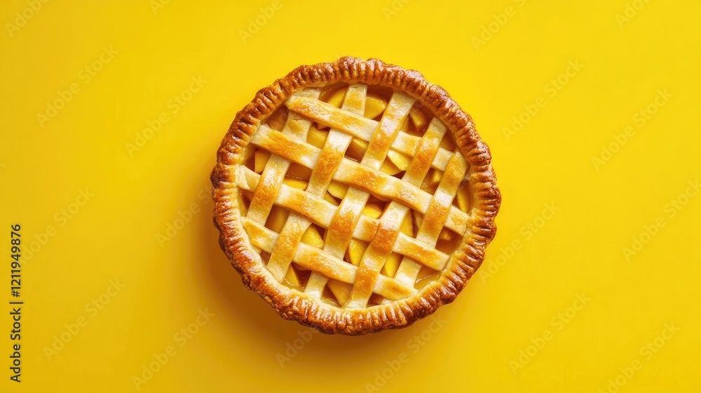 Poster homemade apple pie with a golden lattice crust set against a bright yellow background from an overhe