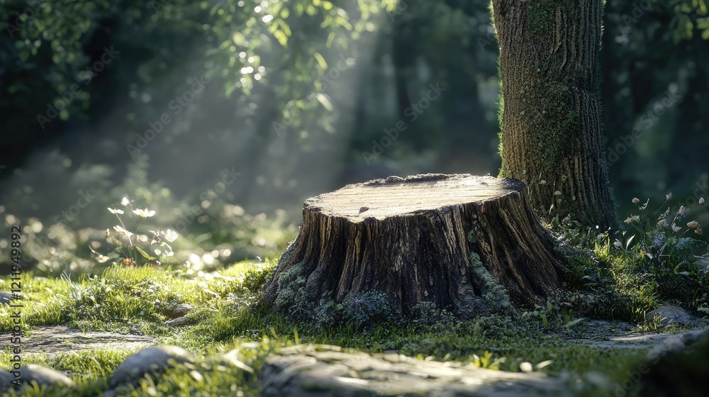 Poster sunlit forest scene featuring a cut tree stump surrounded by vibrant greenery and soft light filteri