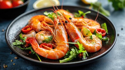 delicious prawn dish garnished with fresh herbs and chili served on a dark plate with lemon wedge and cherry tomatoes in the background