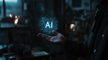 A man holding an AI icon with holographic text AI floating above his hand, creating the illusion of interaction between him and artificial intelligence