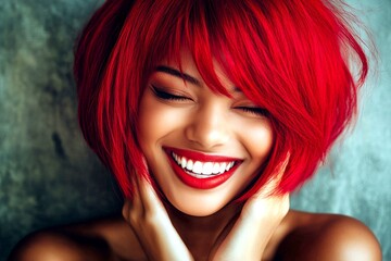 Fototapeta premium Commercial advertising visual idea art. Stunning smiling black girl - for ads, poster and social media use. Short trim - red hair. Black style ads. Advertising short hair. African american ar.