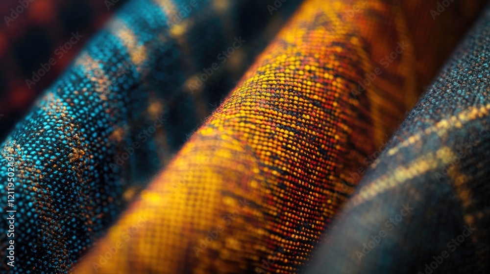 Poster close up view of intricate textures and patterns in colorful trouser fabric showcasing textile desig