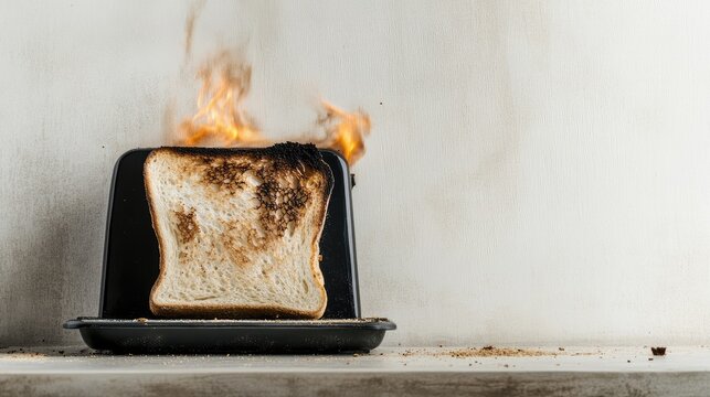 Burnt toast in toaster with flames and crumbs on surface showcasing kitchen mishap and food safety awareness - Powered by Adobe