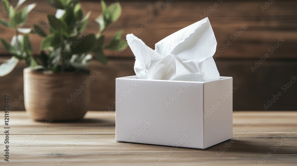 Poster tissue box with open lid displaying white tissues on rustic wooden table next to a potted plant in a