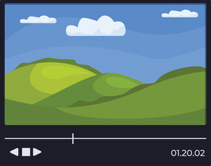 Fototapeta premium Video player interface showing beautiful green hills landscape with blue sky and clouds