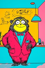 Cartoon Sloth Hotel Concierge in Colorful Uniform Standing at Reception Desk with Bright Background and Fun Decor