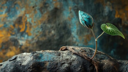 Obraz premium Morning glory seedling emerging from textured stone surface with vibrant colors in the background showcasing natural beauty and growth.