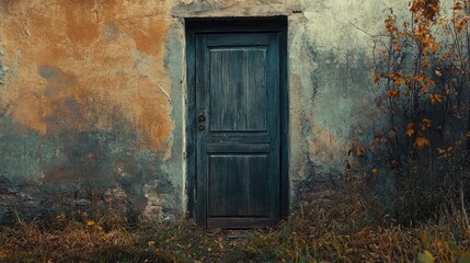 Rustic wooden back door against an aged wall surrounded by overgrown grass and autumn foliage