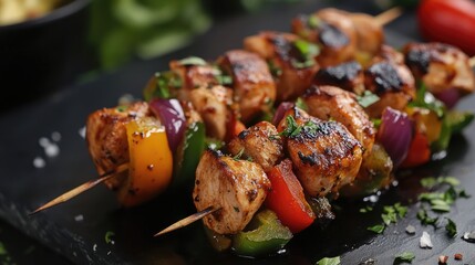 Grilled chicken shawarma skewers with bell peppers and fresh herbs on a dark background perfect for food photography and culinary promotions