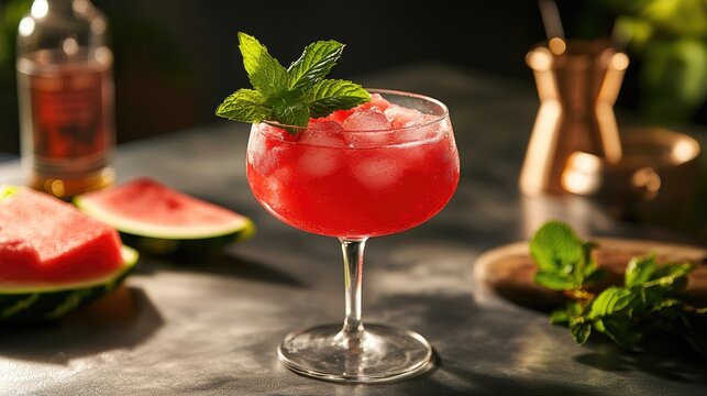 Refreshing watermelon cocktail with mint garnishing in elegant glass surrounded by fresh fruit on a rustic table ideal for summer drinks