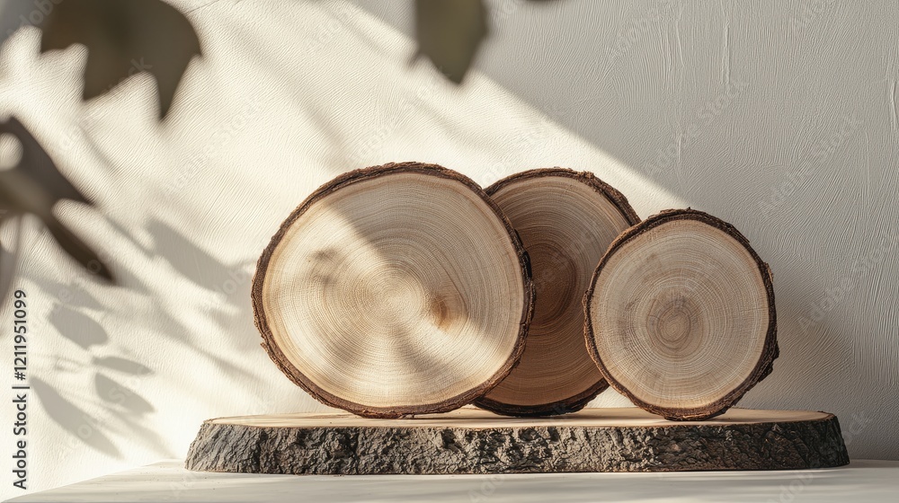 Poster timber trunk slices arranged on a soft background highlighting minimalism and natural elements in de