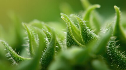 Fototapeta premium Close-up macro shot of vibrant green tomato plant leaves and delicate hairs showcasing intricate botanical details and textures.