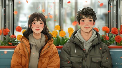 Love blooms in subway ads, captured in a heartwarming flat design relationship illustration