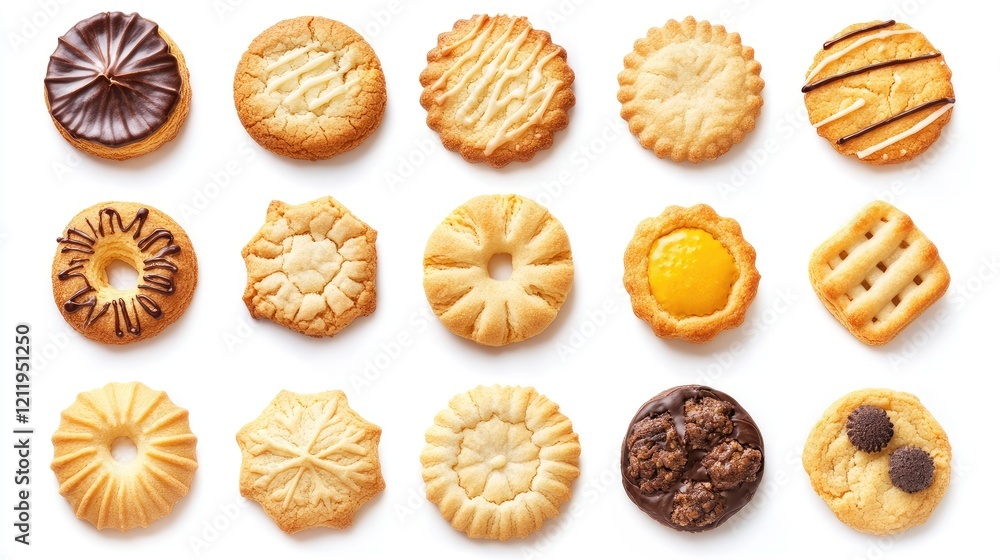 Poster delicious assorted cookies arranged neatly on a white background showcasing various textures and fla