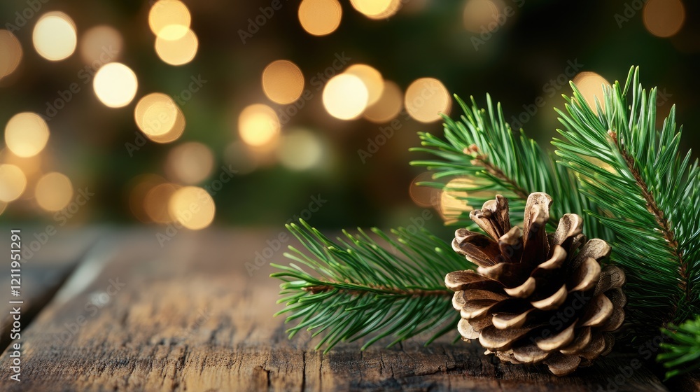 Poster pine cone adorned with evergreen branches on rustic wooden table against a softly blurred festive bo