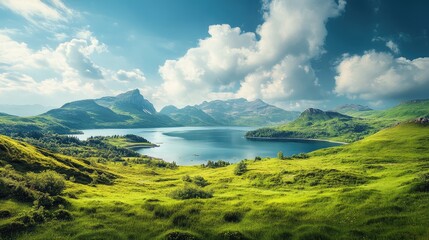 Fototapeta premium Scenic view of a serene bay surrounded by lush green meadows and distant rugged hills under a vibrant sky.