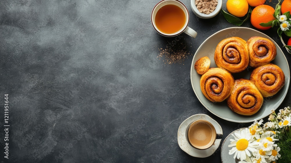 Poster top view of a large plate of golden cinnamon rolls with a cup of steaming coffee surrounded by fresh