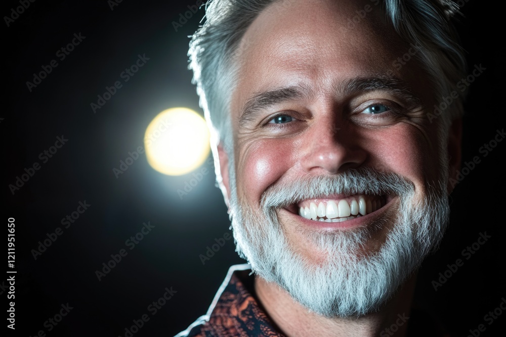 Poster a close-up shot of a man with a beard smiling, suitable for use in personal or professional settings