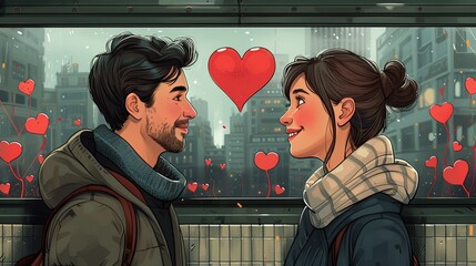 Love blooms in subway ads, captured in a heartwarming flat design relationship illustration