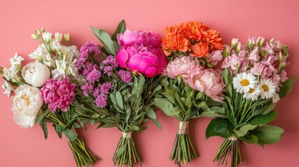 Obraz premium Top View of Colorful Bouquets on Salmon Background Floral Arrangement with Pink Peonies, Daisies, and Green Leaves for Wedding or Birthday Decor