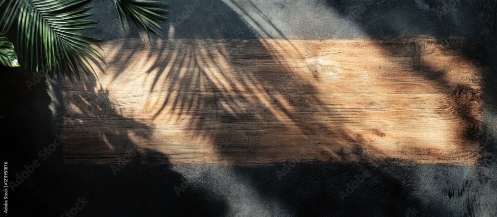 Poster Elegant Top View of Empty Wooden Table with Leaf Shadows on Black Background Sunlight Filtering Through Creating a Warm Inviting Atmosphere