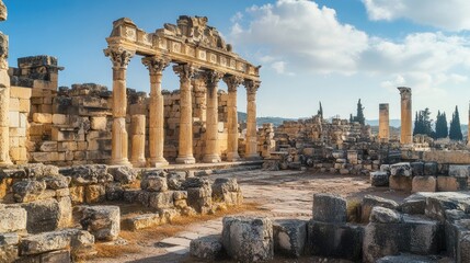 Obraz premium Ancient temple ruins showcasing historic architecture and archaeological remnants against a scenic sky backdrop in an old city setting.