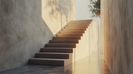 Fototapeta premium Modern minimalist staircase illuminated by natural light in a serene architectural space with textured walls and greenery accents.
