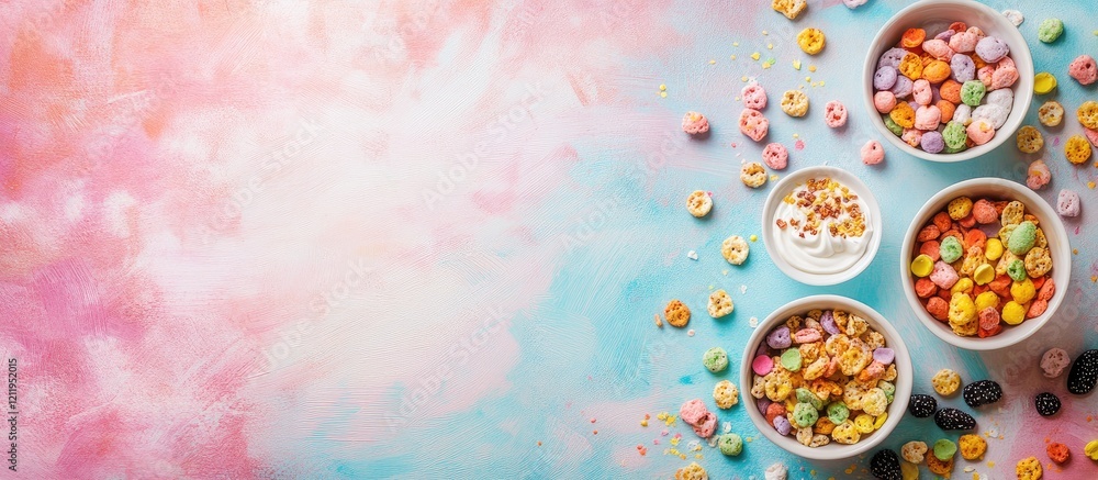 Aufkleber vibrant pastel cereal breakfast bowls arranged on a colored tabletop with empty space for text and a
