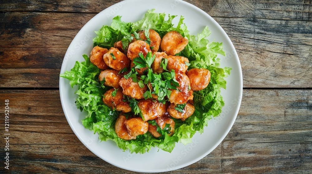 Poster top view of crispy golden chicken nuggets garnished with fresh lettuce and parsley on a white plate 