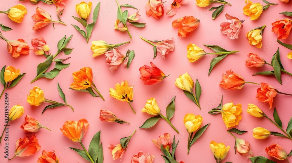 Aufkleber colorful tulip flowers arranged on a soft pink background showcasing a vibrant floral pattern from a