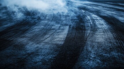 Tire marks on asphalt with smoke from burning rubber showcasing high-speed automotive racing action and intensity on the track