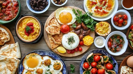 Delicious Turkish brunch featuring assorted dishes including eggs, cheese, olives, tomatoes, and fresh herbs on a rustic wooden table.
