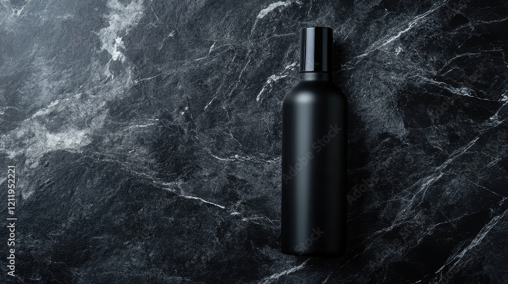 Poster elegant top view of a sleek dark bottle placed on a polished black marble surface in a minimalist st