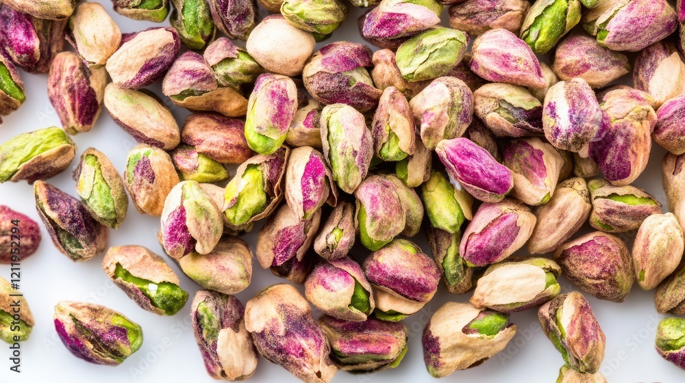 Poster pistachio nuts in various colors displayed on a white background showcasing their natural texture an