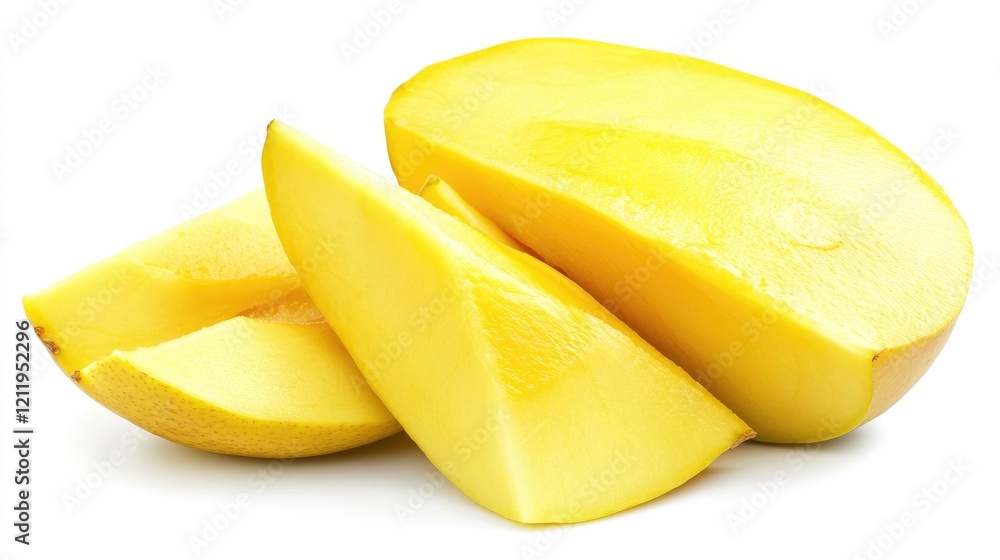 Poster fresh mango slices arranged on a white background showcasing vibrant yellow color and juicy texture 