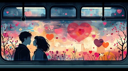 Love blooms in subway ads, captured in a heartwarming flat design relationship illustration