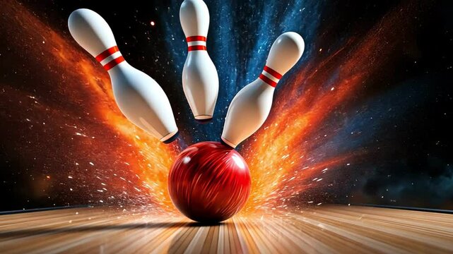Dynamic bowling scene with striking pins and explosive ball action captured vividly.