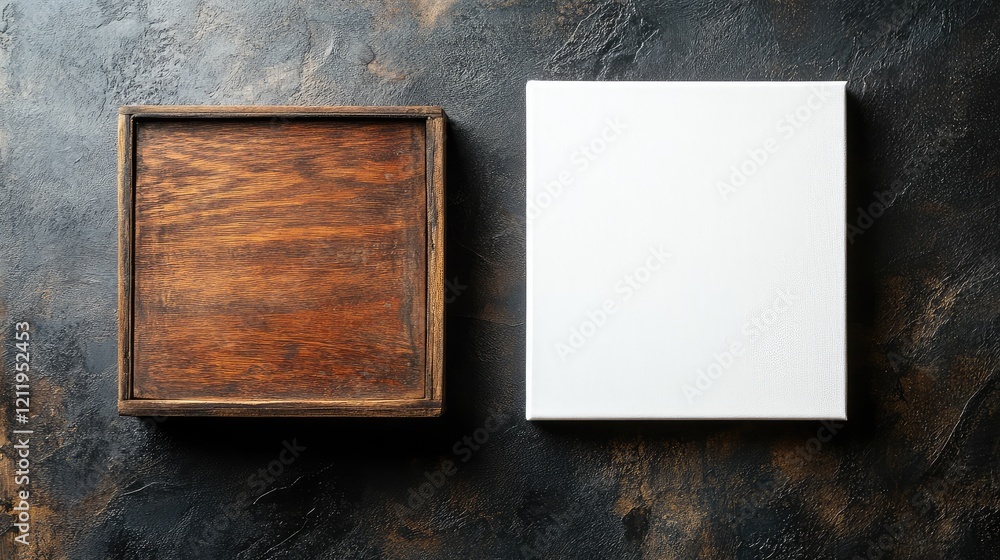 Poster top view of a blank white canvas and rustic wooden box on a dark textured surface for minimalistic p