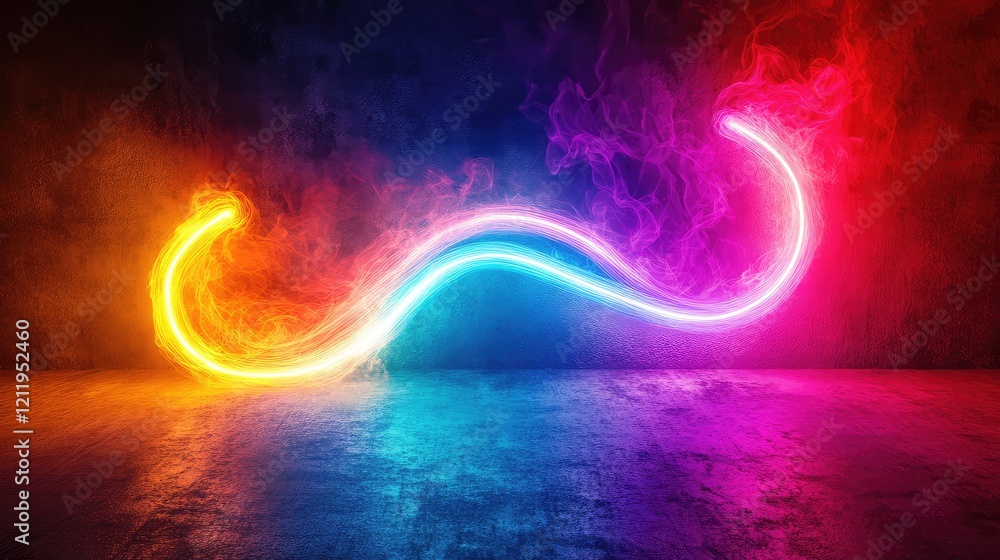 Poster vibrant neon light trails in electric blue pink and orange hues gracefully curving against a dark te