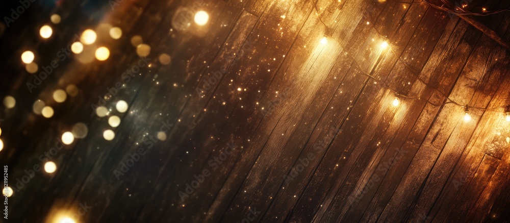 Poster rustic wooden background featuring warm bokeh lights with a blurred golden glow and space for text o